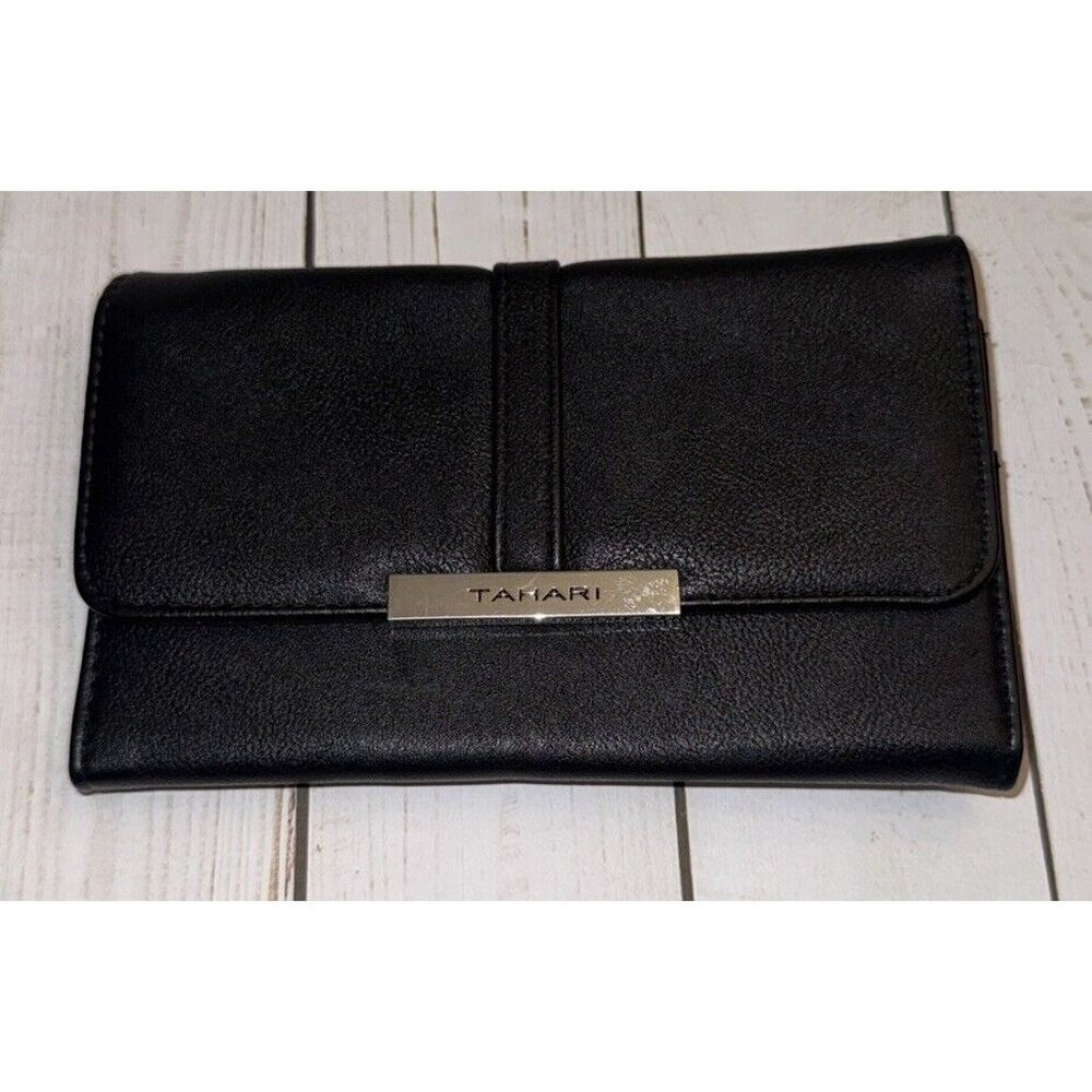 Tahari Black Identity Protection Bi Fold Wallet Faux Leather 7.75”x4.5x1” VGUC